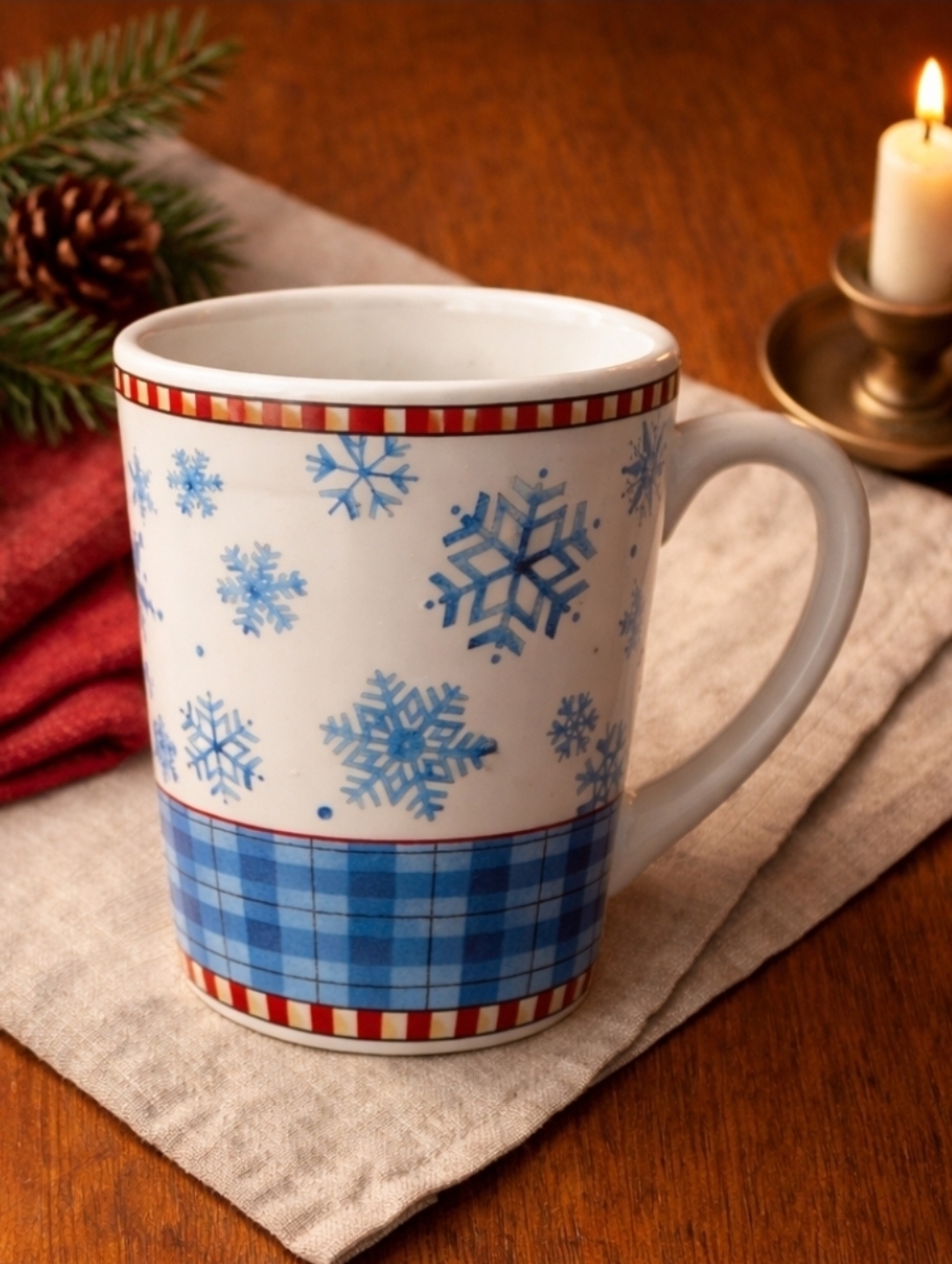 Debbie Mumm Snowflake Mug Sakura Winter Blue Plaid Farmhouse Holiday Stoneware